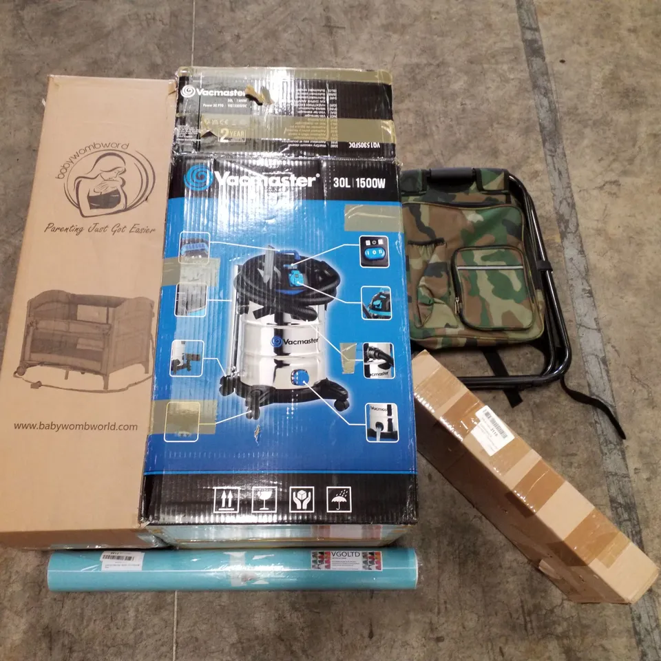 PALLET OF ASSORTED PRODUCTS INCLUDING VACMASTER, CAMPING BACKPACK, CANDLEHOLDER TABLE SHELF, PLAYPEN BEDSIDE SLEEPER, GLOSS STICKY VINYL  