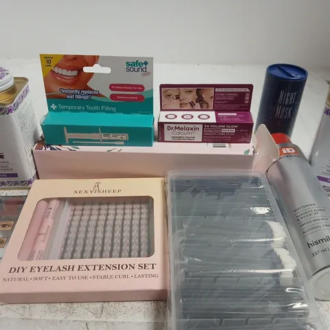 APPROX 12 ASSORTED BEAUTY PRODUCTS TO INCLUDE SNAKE BRAND COOLING POWDER, TEMPORARY TOOTH FILLING, ID MOUTHWASH, ETC 