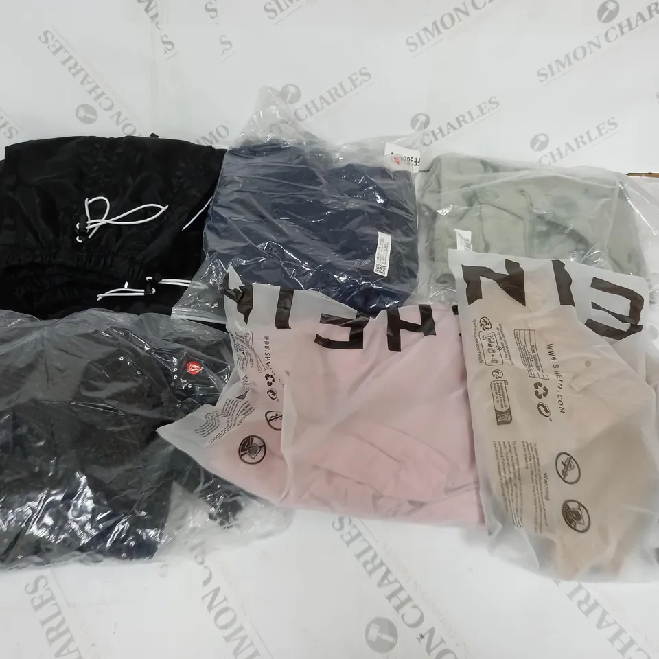 LARGE BOX OF ASSORTED CLOTHING ITEMS IN VARIOUS COLOURS AND SIZES INCLUDING TROUSERS , TOPS AND JUMPERS 