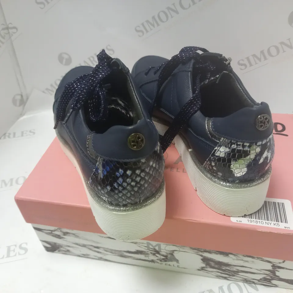 BOXED GENE NAVY LEATHER WEDGE TRAINERS - SIZE 38