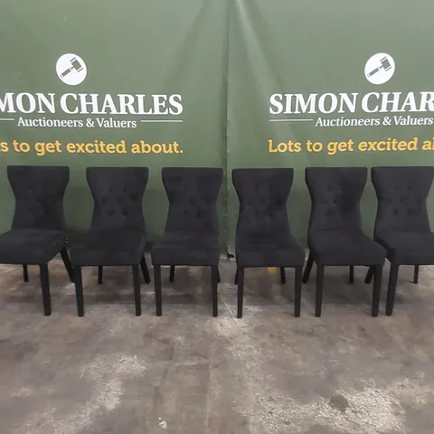 SET OF 6 KENSINGTON BLACK VELVET BUTTON BACK DINING CHAIRS WITH BLACK LEGS