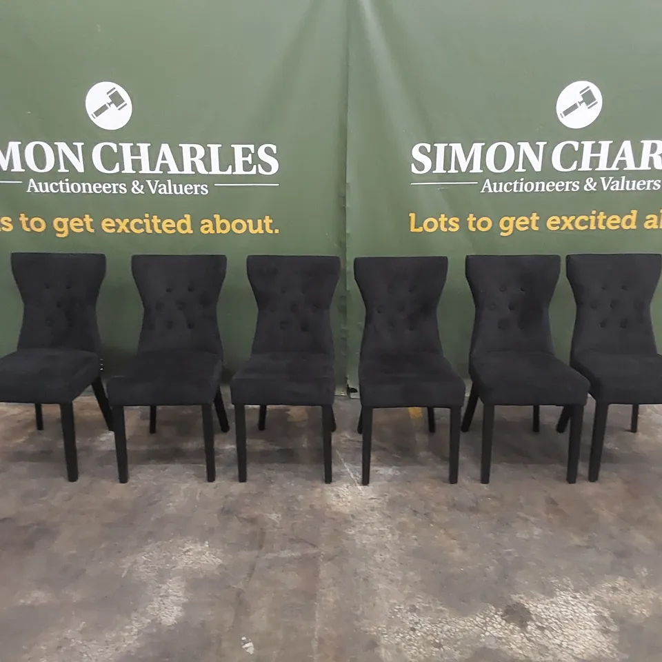 SET OF 6 KENSINGTON BLACK VELVET BUTTON BACK DINING CHAIRS WITH BLACK LEGS