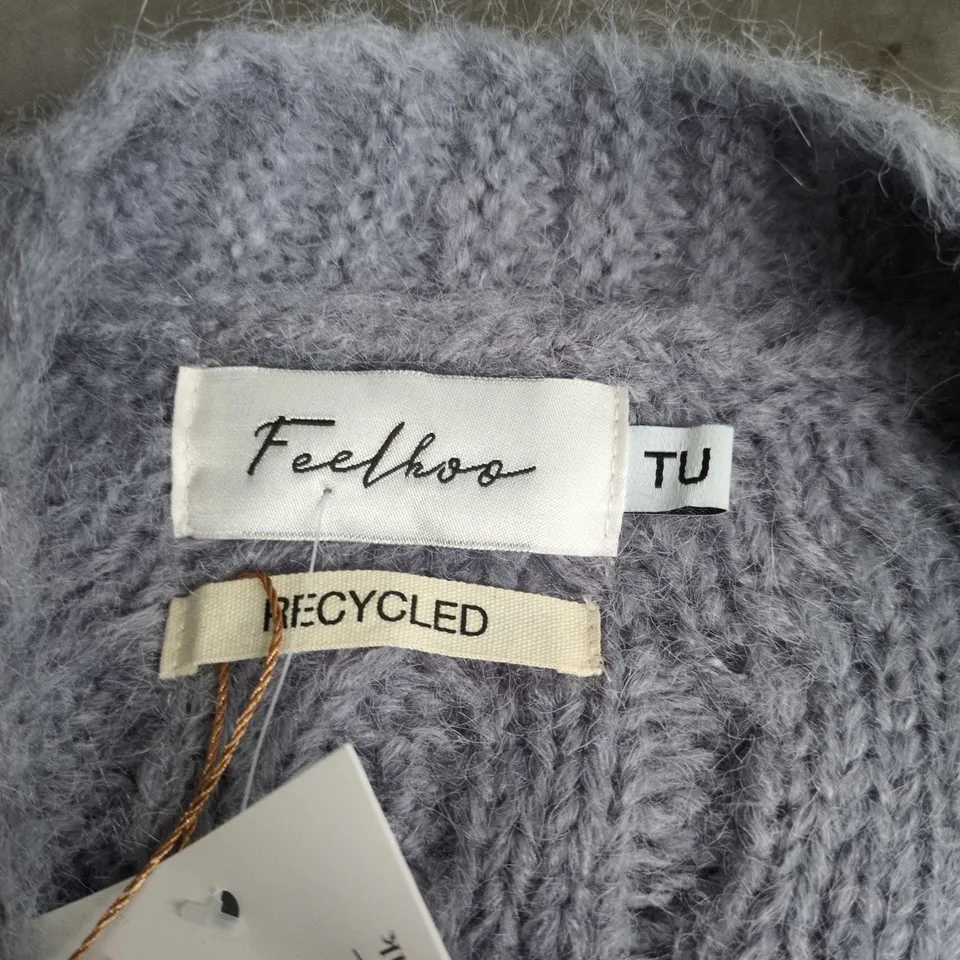 FEELHOO LONG KNITTED CARDIGAN WITH CABLE PATTERN - RECYCLED YARN, GREY, ONE SIZE