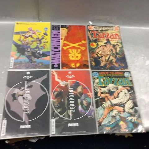 APPROXIMATELY 12 ASSORTED DC COMICS TO INCLUDE; TARZAN, WATCHMEN, BATMAN AND BATMAN/FORTNITE