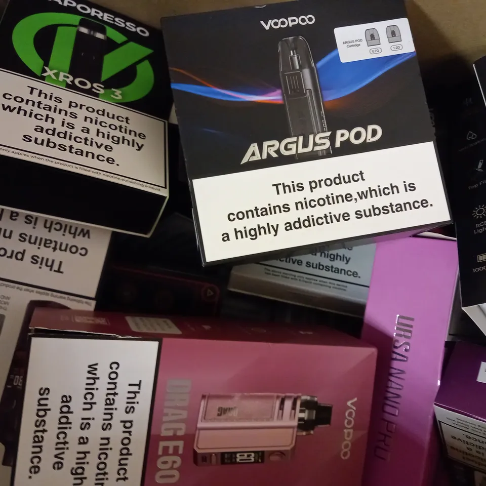 APPROXIMATELY 20 ASSORTED BOXED VAPING PRODUCTS TO INCLUDE VAPORESSO XROS 3, VOOPOO DRAG 360, VOOPOO ARGUS POD ETC.
