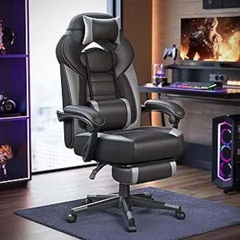 BOXED SONGMICS GAMING CHAIR, OFFICE RACING CHAIR WITH FOOTREST - BLACK AND GREY