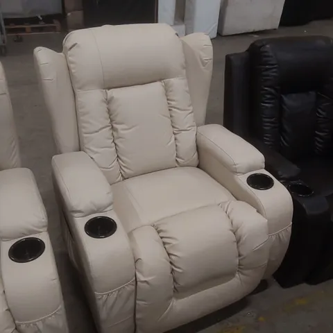 DESIGNER CREAM FAUX LEATHER POWER RECLINER EASY CHAIR