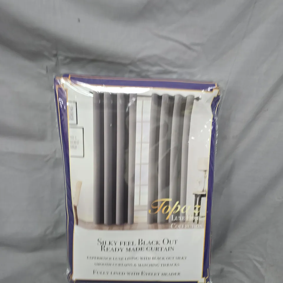BOX OF APPROX 6 PAIR OF TOPAZ SILKY-FEEL BLACKOUT READY-MADE CURTAIN – LIGHT GREY