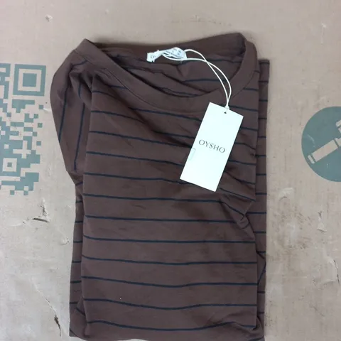 OYSHO SHORT SLEEVE T-SHIRT IN BROWN W. BLACK STRIPES SIZE SMALL