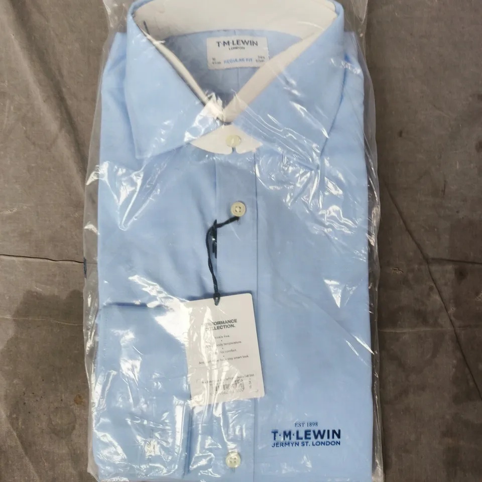 BAGGED T.M.LEWIN MAX PERFORMANCE REGULAR FIT BLUE DOUBLE CUFF SHIRT SIZE 16-34.5