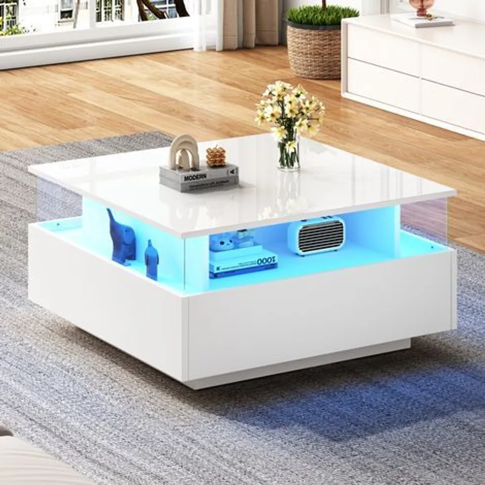 SQUARE COFFEE TABLE WITH 2 SLIDING DRAWERS WOOD CENTER TABLE ACRYLIC GLASS COFFEE TABLE, WHITE