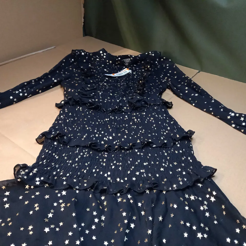 LIPSY BLACK/GOLD STAR DETAILED TIERED DRESS - SIZE 8