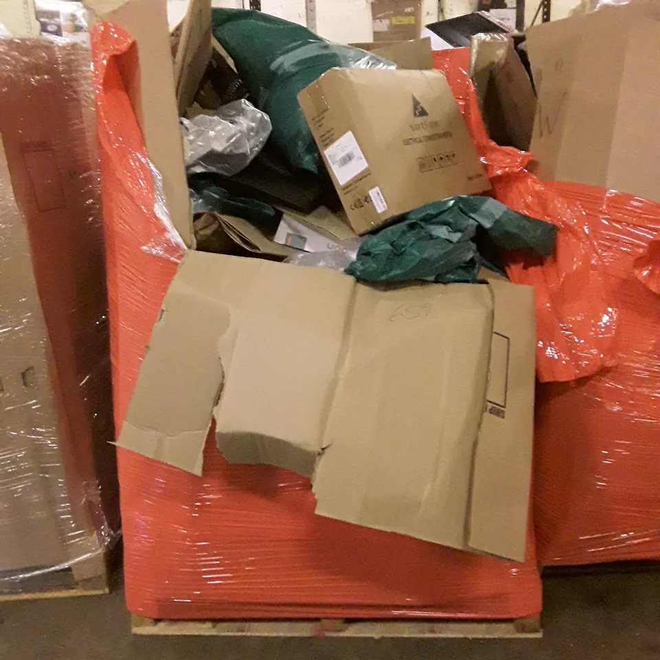 PALLET CONTAINING ASSORTED HOUSEHOLD PRODUCTS INCLUDING BIKE TIRE, ELECTRIC HEATER, BED SHEETS ETC