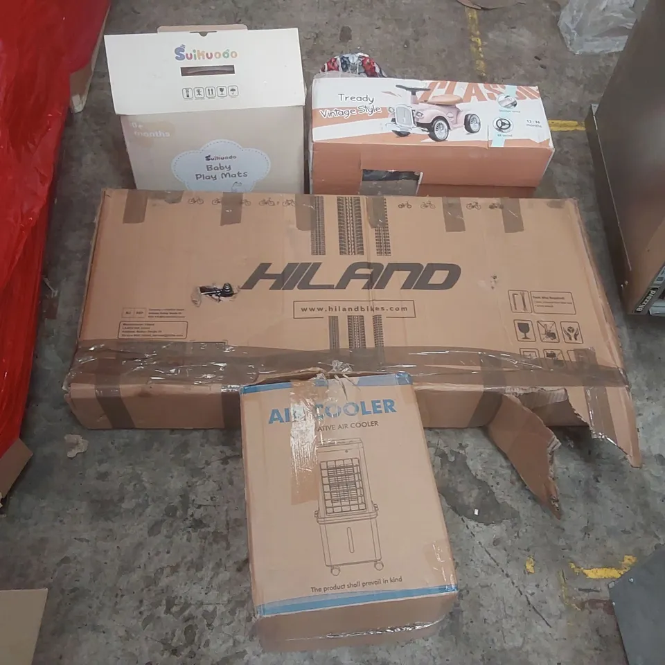 PALLET CONTAINING A LARGE QUANTITY OF ASSORTED ITEMS INCLUDING: AIR COOLER, HILAND BIKE, TOY CAR, BABY PLAY MAT ECT