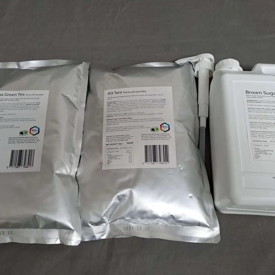 LOT OF 3 BOBA BOX FOOD ITEMS INCLUDES AQ TARO AND MATCHA GREEN TEA FLAVOURED POWDER AND BROWN SUGAR SYRUP