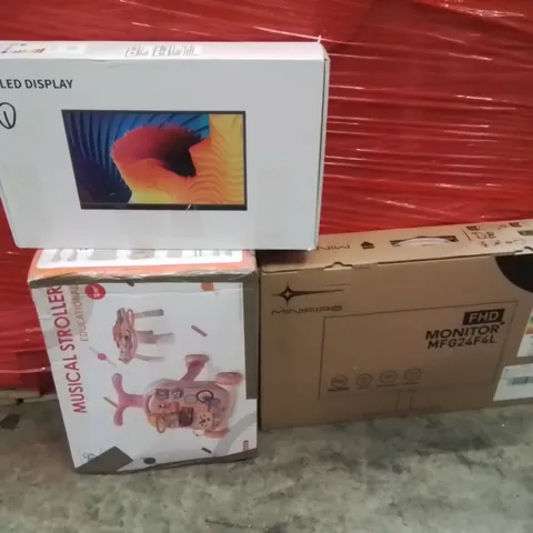 PALLET OF ASSORTED HOUSEHOLD GOODS AND PRODUCTS TO INCLUDE;LED DISPLAY TABLET,180HZ FULL HD 24" MONITOR,MUSICAL STROLLER 