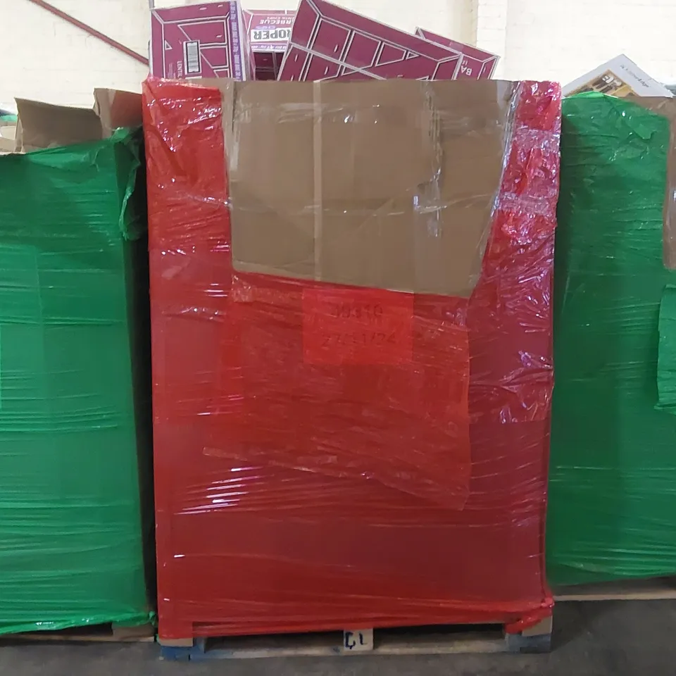 PALLET OF ASSORTED CONSUMER PRODUCTS TO INCLUDE: PAPER SHREDDERS, PROFESSIONAL BRUSH CUTTER, STEP LADDER, COFFEE TABLE, RETRACTABLE SAFETY GATE, PROPER CHIPS BARBECUE CRISPS ECT