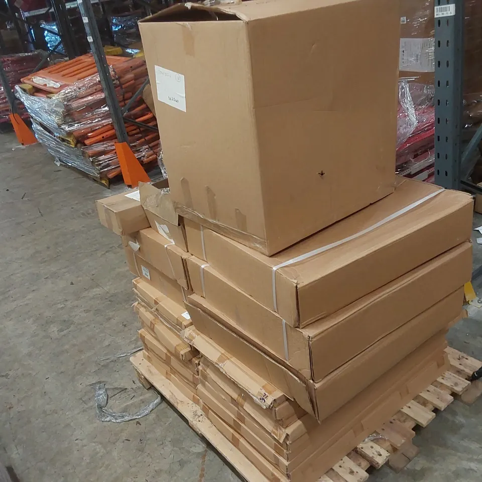 PALLET CONTAINING A LARGE ASSORTMENT OF BRAND NEW OFFICE FURNITURE PARTS TO INCLUDE: DESK TOPS, BRACKETS, FLIP TOP END FRAME SETS ECT