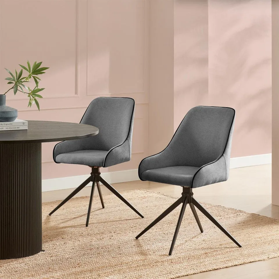 BOXED SET OF 2 BEAUMONT GREY FABRIC SWIVEL DINING CHAIRS WITH BLACK LEGS (1 BOX)