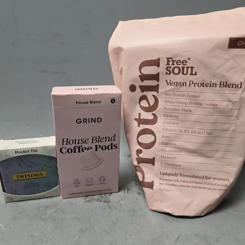 APPROXIMATELY 10 ASSORTED FOOD & DRINK ITEMS TO INCLUDE - GRIND HOUSE BLEND PODS , FREE SOUL PROTEIN ETC