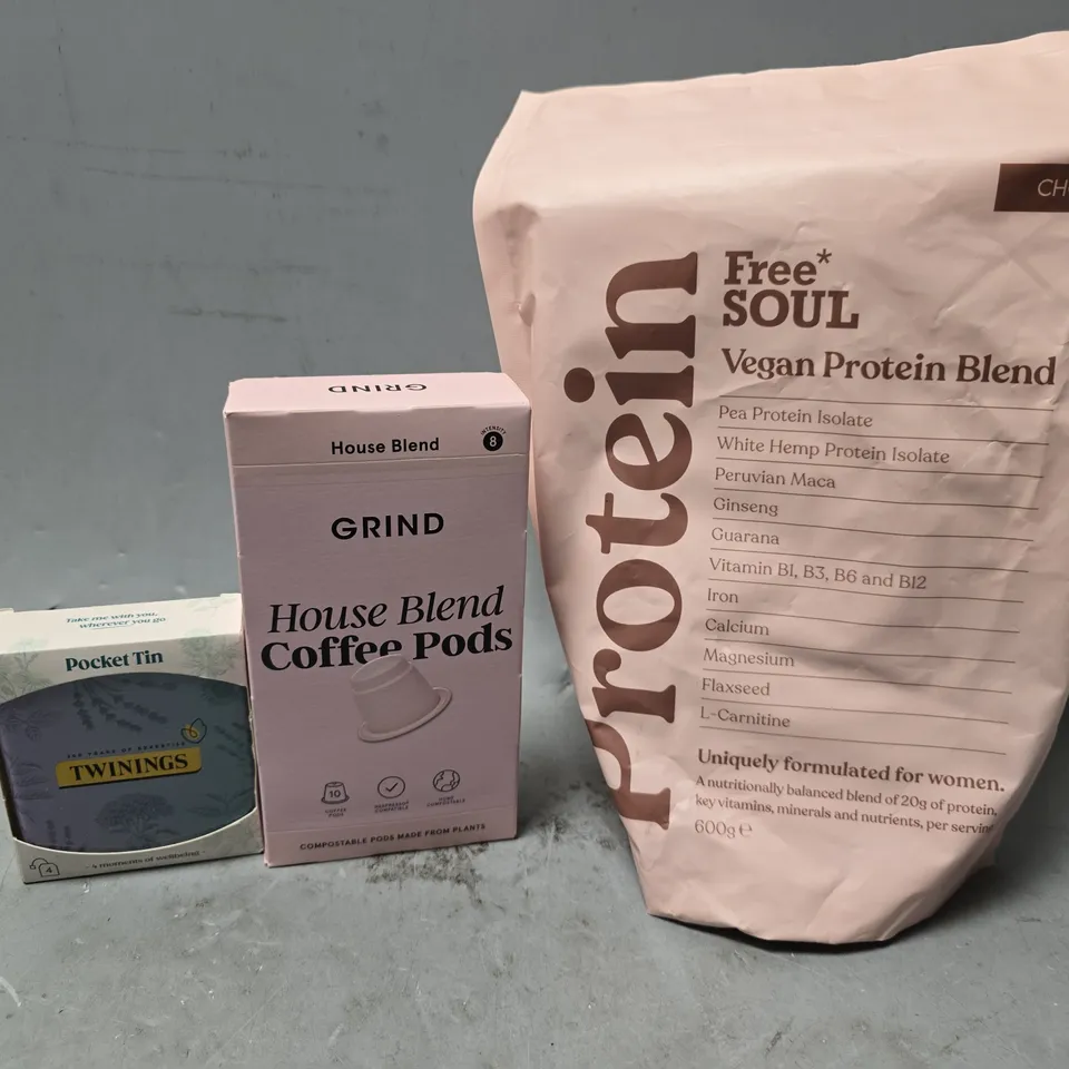 APPROXIMATELY 10 ASSORTED FOOD & DRINK ITEMS TO INCLUDE - GRIND HOUSE BLEND PODS , FREE SOUL PROTEIN ETC