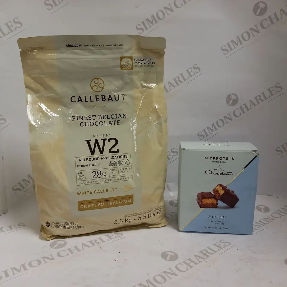 CALLEBAUT FINEST BELGIAN WHITE CHOCOLATE CALLETS 2.5KG + MYPROTEIN X HOTEL CHOCOLAT BARS (6 X 60G)