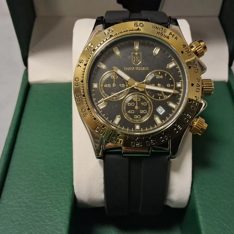 FRANK SCHMIDT STAINLESS STEEL CHRONOGRAPH WATCH WITH GOLD DETAIL AND BLACK RUBBER STRAP