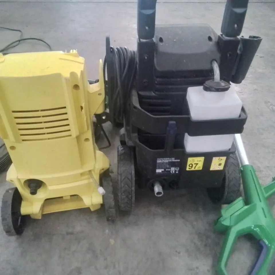 LOT OF ASSORTED GARDEN CARE TOOLS INCLUDES FLYMO HEDGE TRIMMERS, GRASS CUTTERS, PRESSURE WASHERS AND POLE TRIMMER