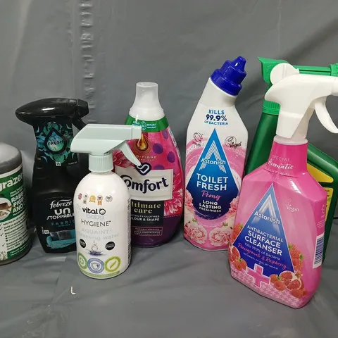 APPROXIMATELY 12 ASSORTED LIQUIDS TO INCLUDE ASTONISH SURFACE CLEANSER, GRAZERS G1 CONCENTRATE, FEBREZE UNSTOPPABLES, ETC