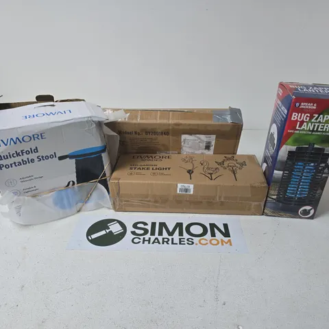 APPROXIMATELY 15 ASSORTED ITEMS TO INCLUDE LED GARDEN STAKE LIGHT, BUG ZAPPER LANTERN, PORTABLE STOOL, ETC