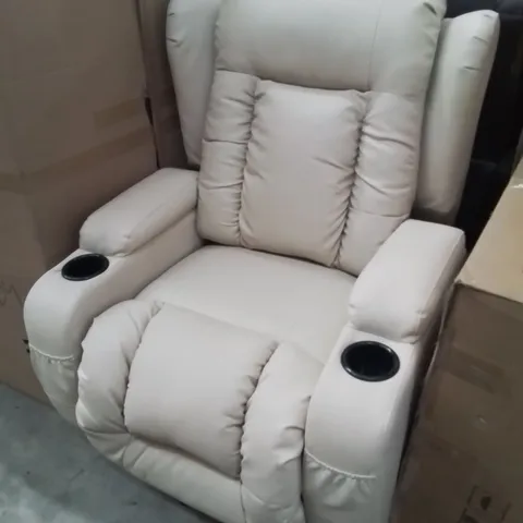 DESIGNER CREAM FAUX LEATHER POWER RECLINER CHAIR 