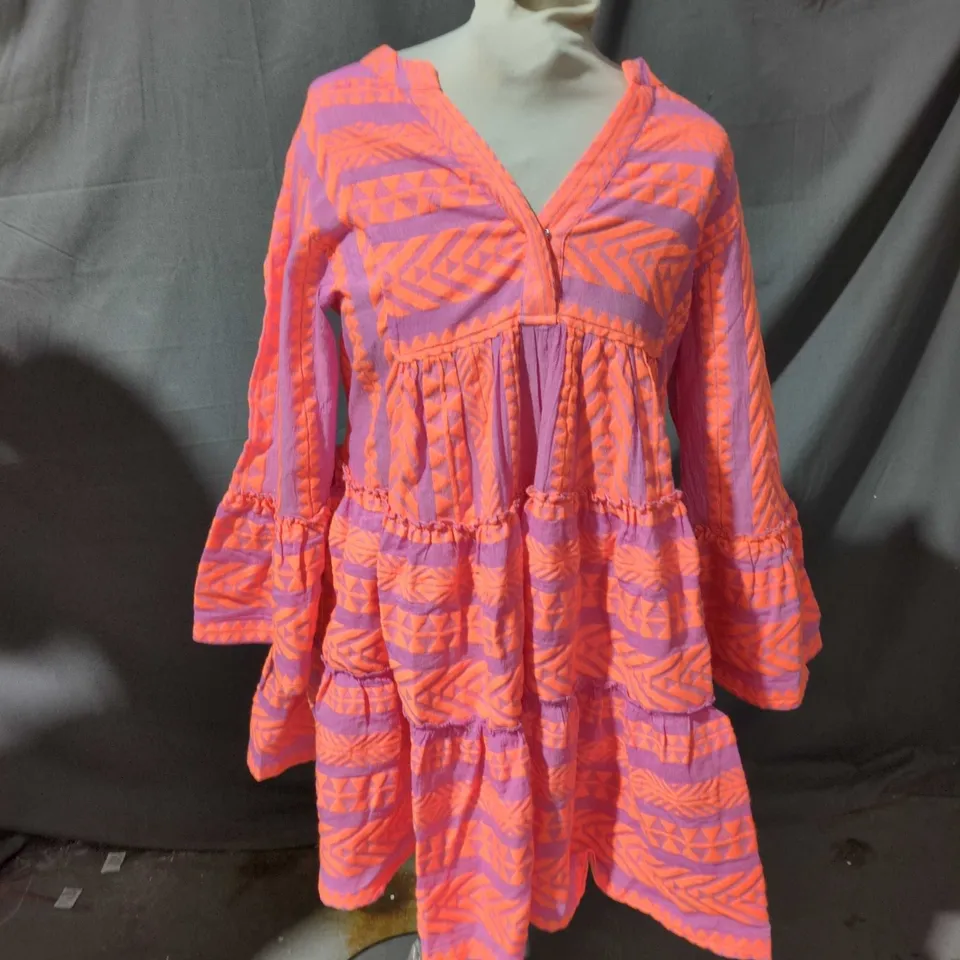 DEVOTION TWINS DRESS – ORANGE & FUCHSIA GEOMETRIC PRINT, UK 6 (XS)