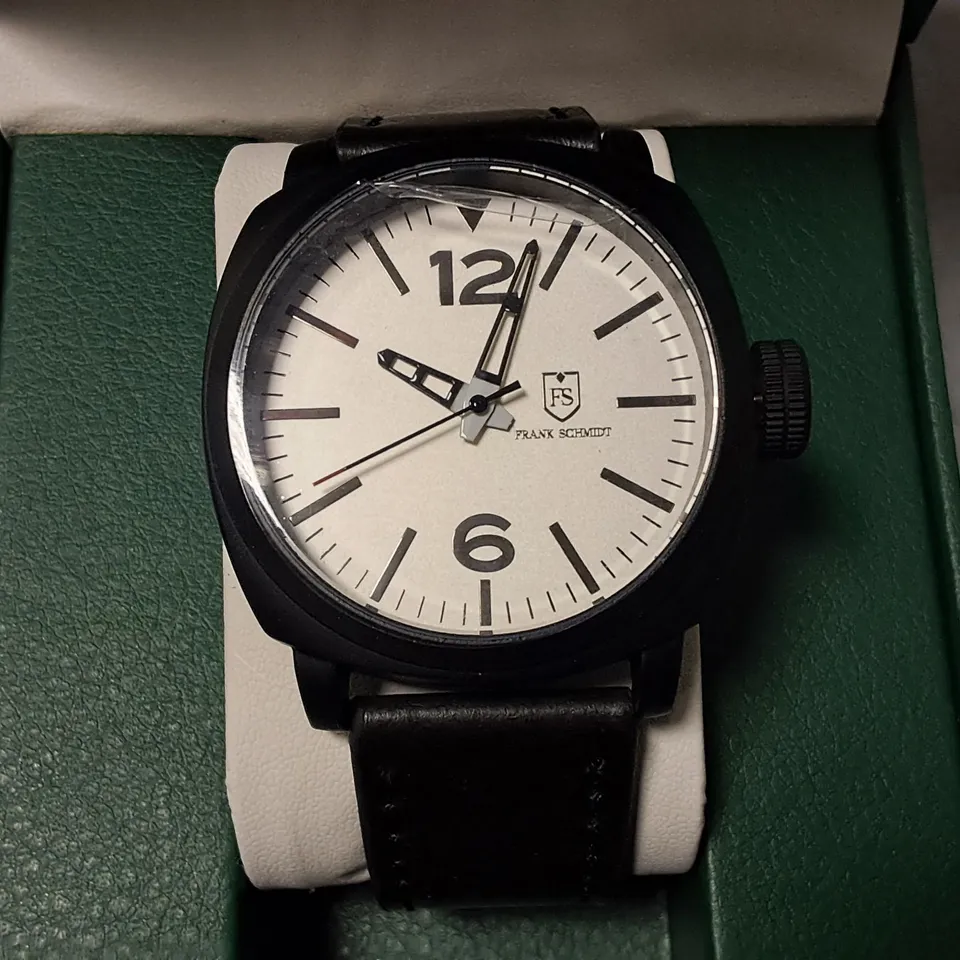 FRANK SCHMIDT STAINLESS STEEL ALL BLACK WATCH WITH WHITE FACE AND LEATHER STRAP