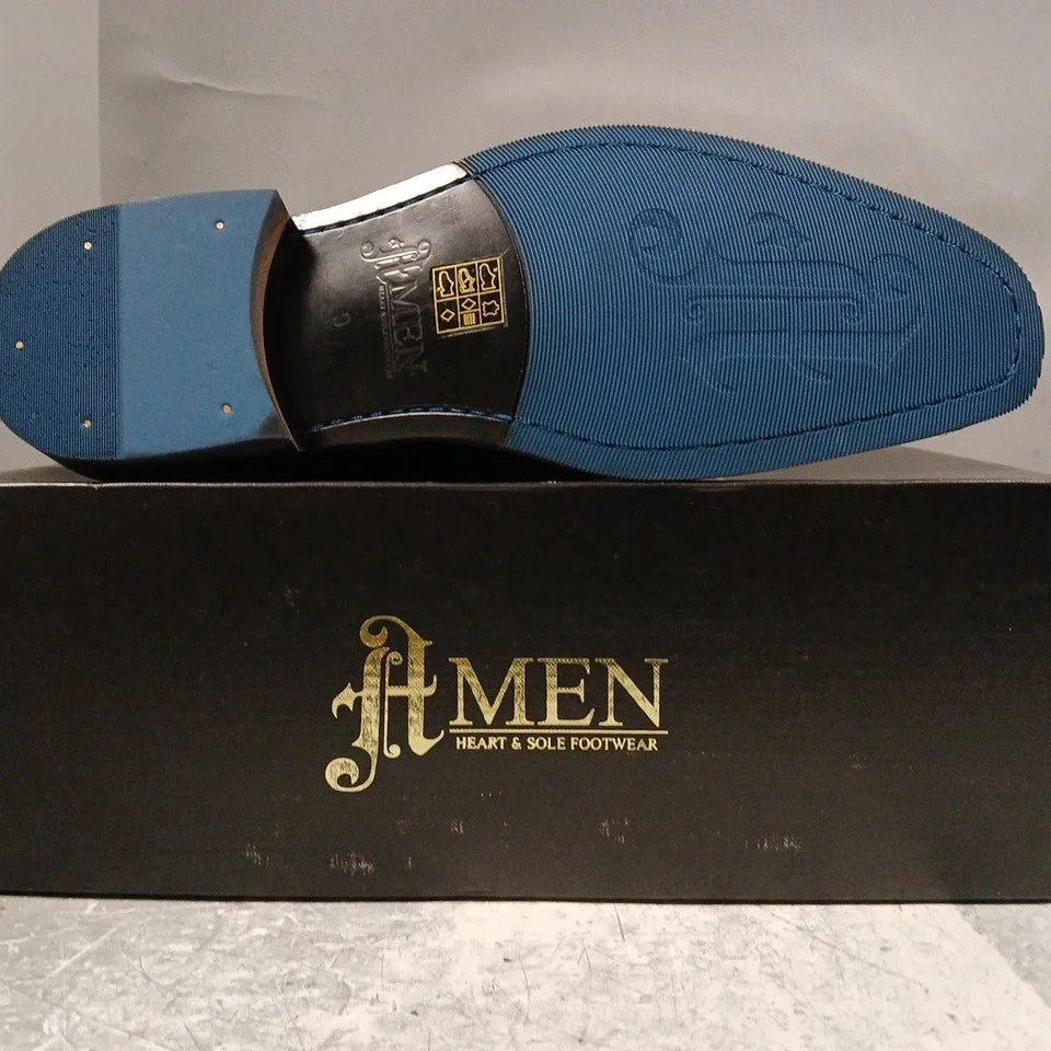 BOXED PAIR OF AMEN LEATHER BRUSHED HI-SHINE BROGUE SHOES IN OXBLOOD SIZE UK 9