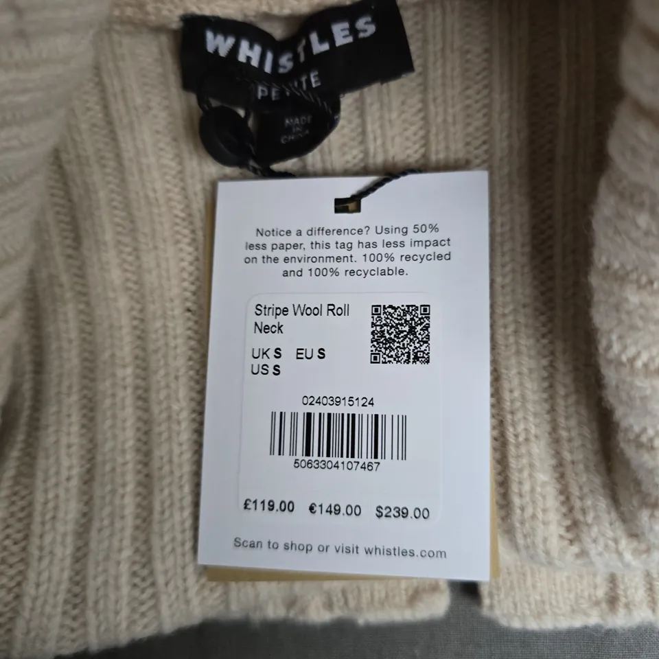 WHISTLES PETITE STRIPE WOOL ROLL-NECK JUMPER, BEIGE WITH BLACK STRIPES - UK SMALL