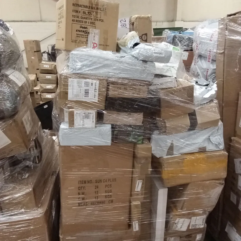 PALLET OF ASSORTED FURNITURE, HOUSEHOLD GOODS & PRODUCTS TO INCLUDE; LAMP, GAMING MOUSE MAT, WATER GUN, PLANT DRIP IRRIGATION SYSTEM ETC