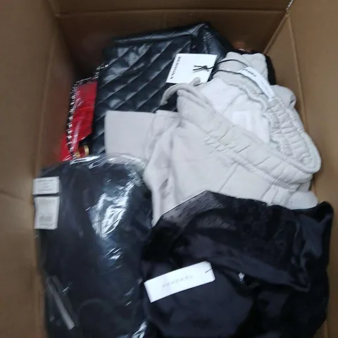 LARGE BOX OF ASSORTED CLOTHING ITEMS IN VARIOUS SIZES, STYLES AND COLOUR 