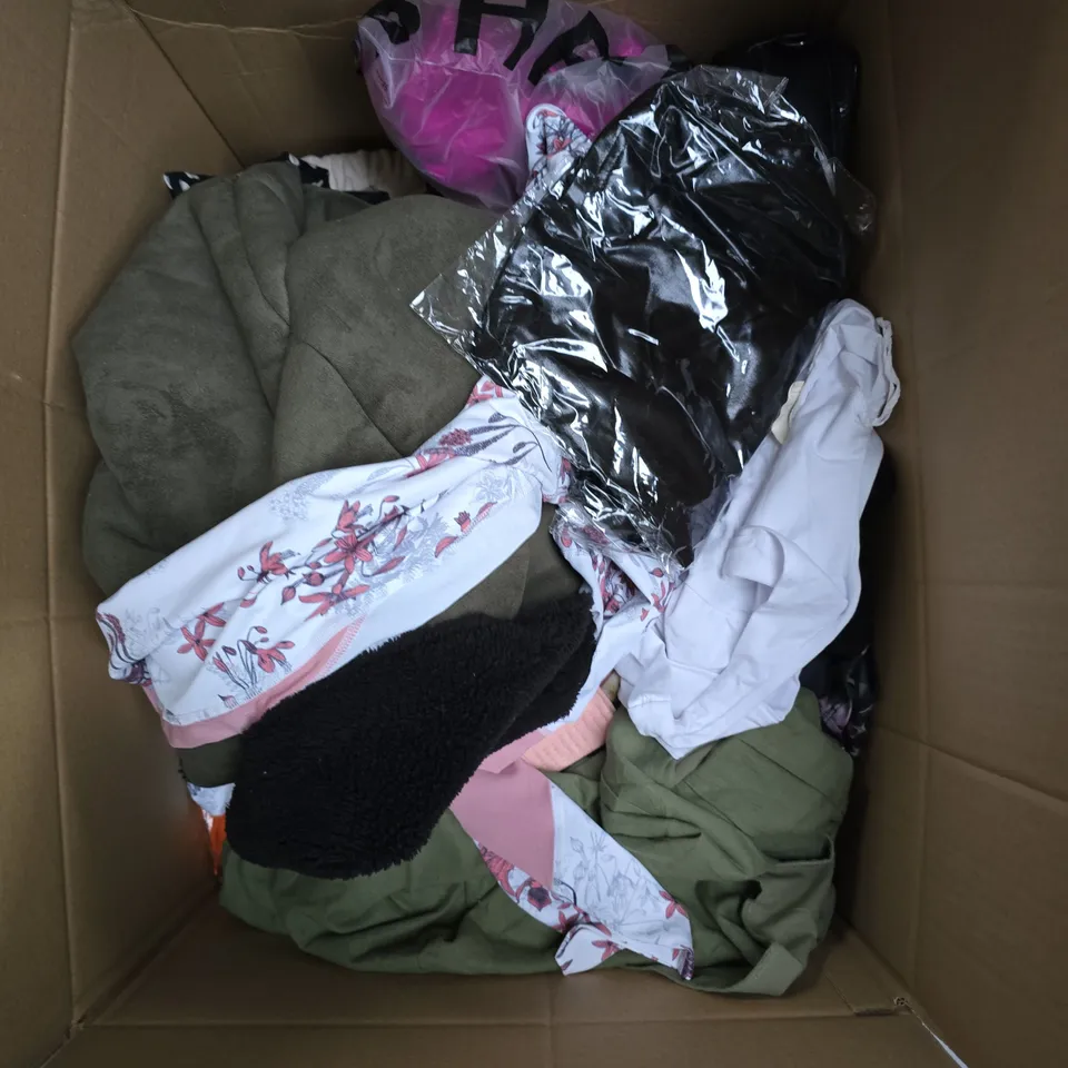 APPROXIMATELY 20 ASSORTED CLOTHING PRODUCTS IN VARIOUS STYLES & SIZES TO INCLUDE JACKETS, T-SHIRTS, DRESSES ETC