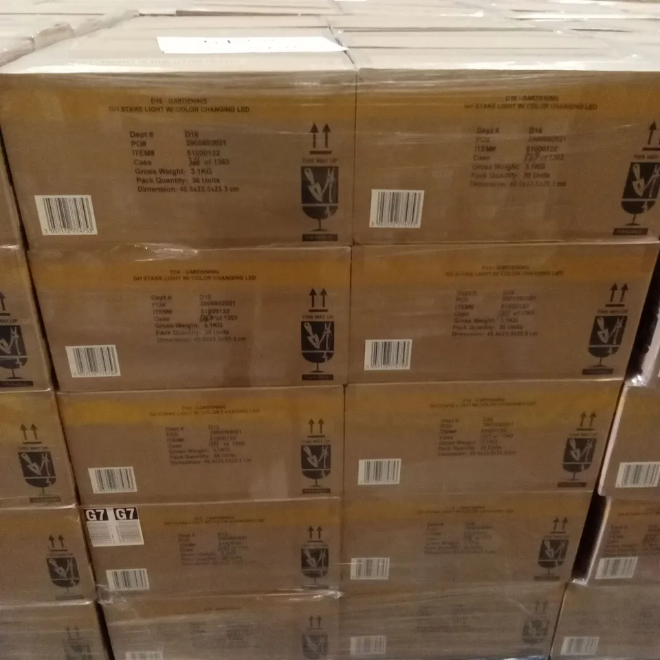 PALLET TO CONTAIN APPROXIMATELY 50 BOXES OF BRAND NEW GARDEN SOLAR STAKE LIGHTS - COLOUR CHANGING // 36 STAKE LIGHTS PER BOX
