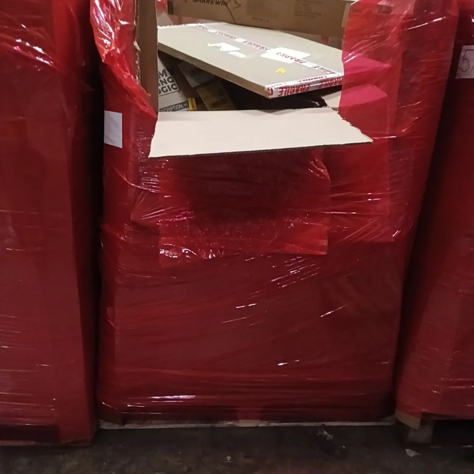 PALLET OF ASSORTED ITEMS INCLUDING - DESK CHAIR MAT, PICTURE FRAME, HOME GYM STORAGE
