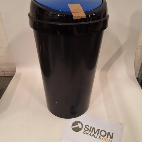 BLACK PLASTIC BIN WITH BLUE LID
