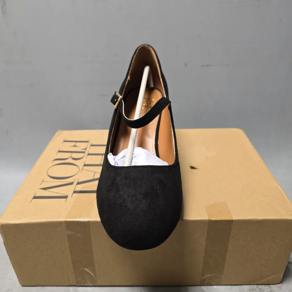BOXED WHERES THAT FROM BLACK SUEDE WEDGE SHOE - SIZE 6 