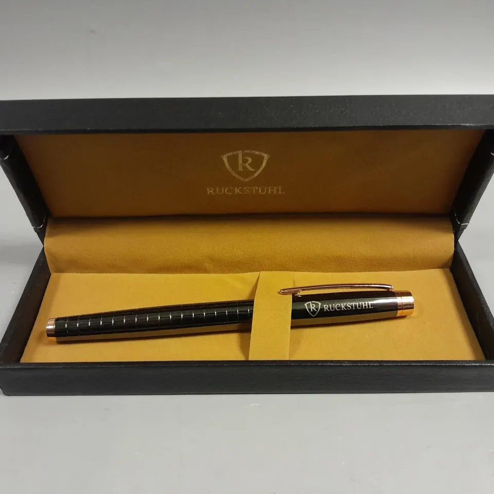 RUCKSTUHL STAINLESS STEEL LUXURY PEN IN GIFT BOX – BLACK & ROSE GOLD COLOUR CASE - HAND ASSEMBLED 