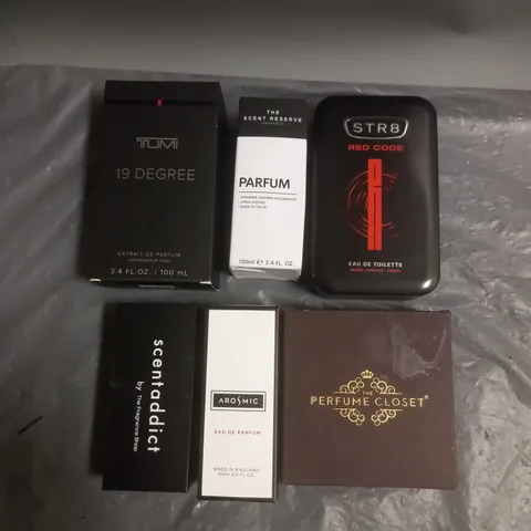BOX OF APPROX 6 ASSORTED BOXED FRAGRANCES TO INCLUDE - TUMI 19 DEGREE - STR8 RED CODE - THE SCENT RESERVE - ETC