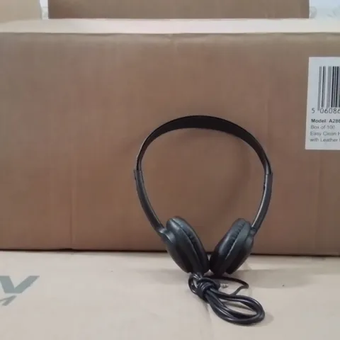 BOXED APPROXIMATELY 100PCS EASY CLEAN HEADPHONES WITH LEATHER EARPADS