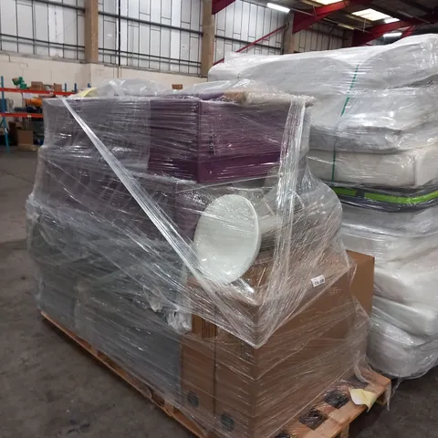 PALLET OF ASSORTED FURNITURE TO INCLUDE; PURPLE VELVET DIVAN BED WITH HEADBOARD, BAR STOOL AND ZINUS BOXED FURNITURE