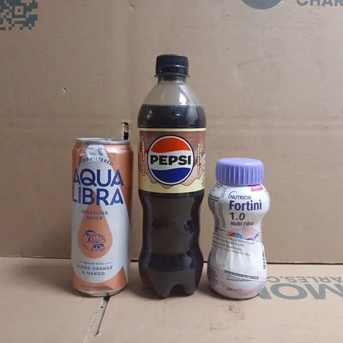 APPROXIMATELY 10 ASSORTED FOOD AND DRINK ITEMS TO INCLUDE PEPSI, AQUA LIBRA, ETC