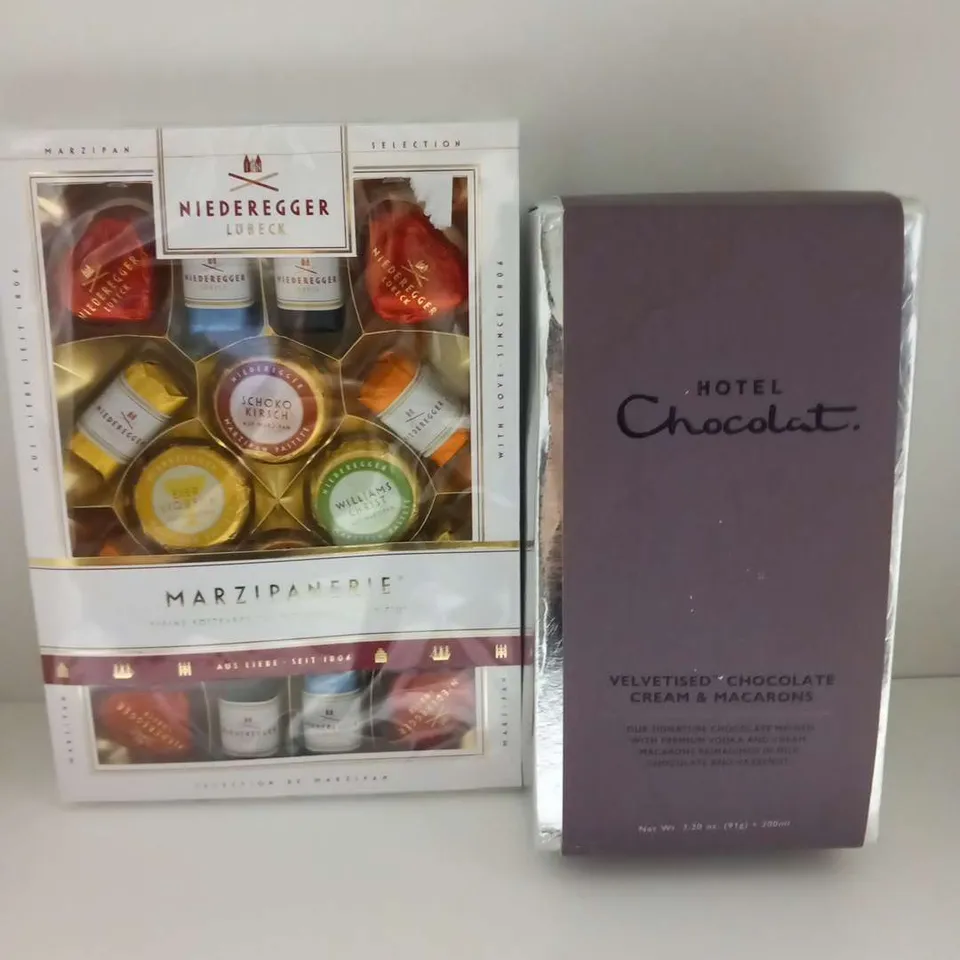 HOTEL CHOCOLAT VELVETISED CHOCOLATE CREAM AND MACARONS AND NIEDREGGER LUBECK MARZIPANERIE