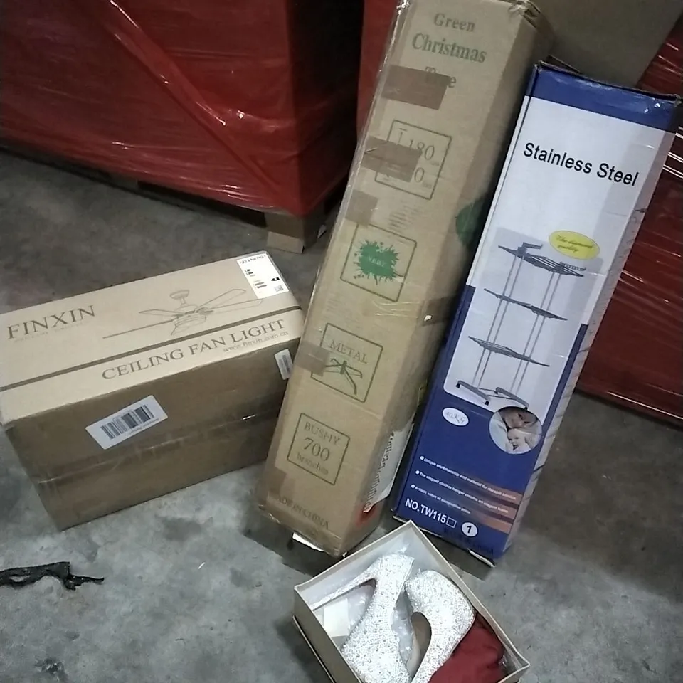 PALLET OF HOUSEHOLD ITEMS TO INCLUDE CEILING FAN LIGHT,CHRISTMAS TREE, STAINLESS STEEL CLOTHES DRYER, SHOES AND OTHER ASSORTED ITEMS...