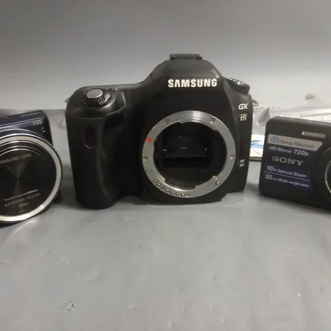 LOT OF 3 ASSORTED DIGITAL CAMERAS INCLUDES SAMSUNG GX 1S, SAMSUNG WB200F AND SONY CYBER SHOT